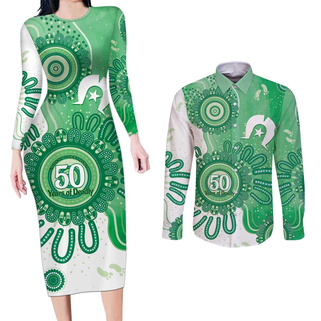 NAIDOC Week 2026 Couples Matching Long Sleeve Bodycon Dress and Long Sleeve Button Shirt 50 Years Deadly Dhari Green Aboriginal Art