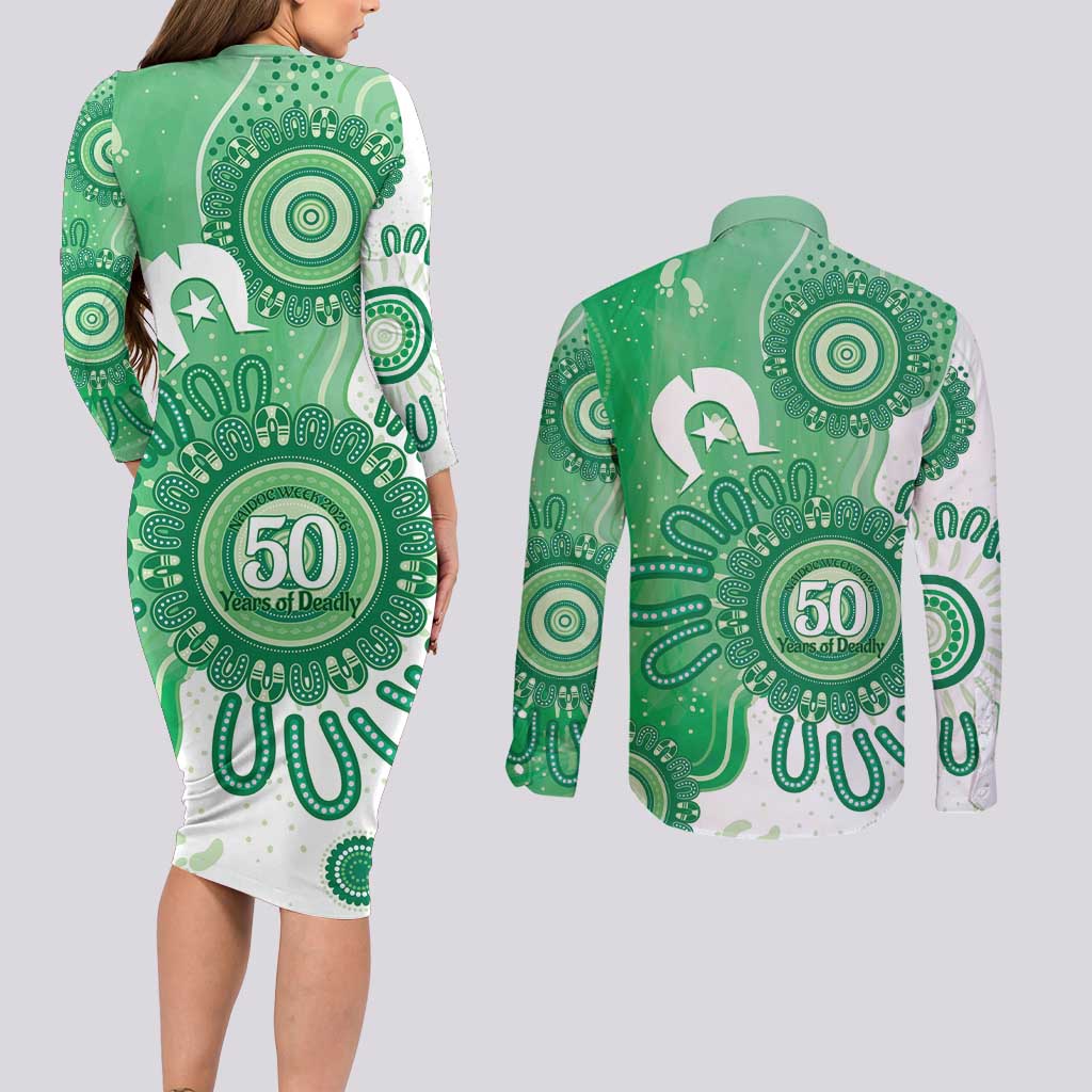 NAIDOC Week 2026 Couples Matching Long Sleeve Bodycon Dress and Long Sleeve Button Shirt 50 Years Deadly Dhari Green Aboriginal Art