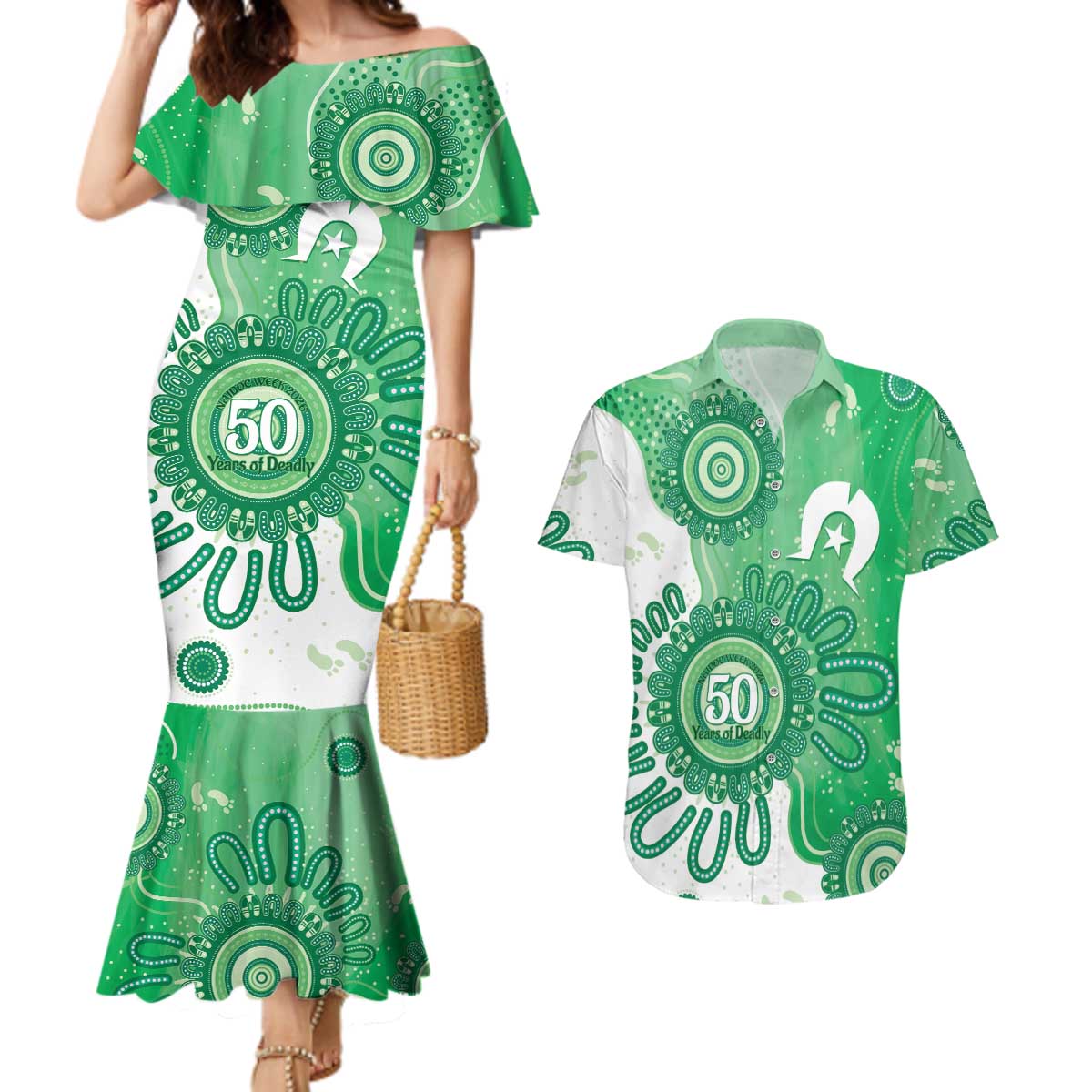 NAIDOC Week 2026 Couples Matching Mermaid Dress and Hawaiian Shirt 50 Years Deadly Dhari Green Aboriginal Art