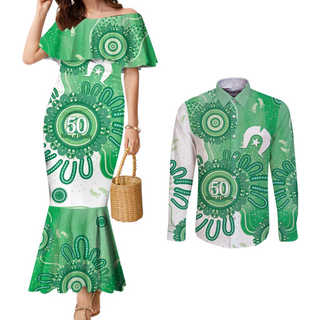 NAIDOC Week 2026 Couples Matching Mermaid Dress and Long Sleeve Button Shirt 50 Years Deadly Dhari Green Aboriginal Art