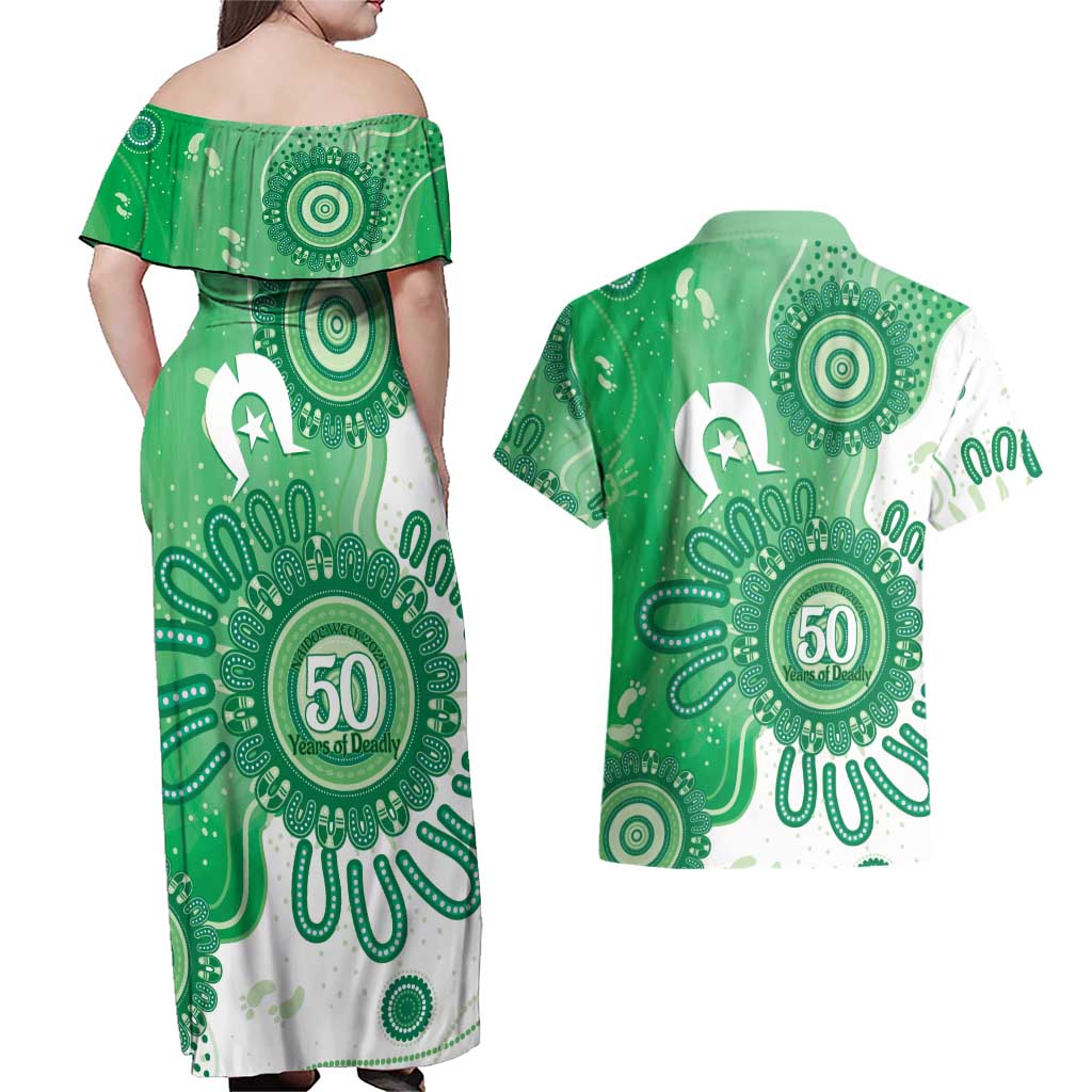 NAIDOC Week 2026 Couples Matching Off Shoulder Maxi Dress and Hawaiian Shirt 50 Years Deadly Dhari Green Aboriginal Art