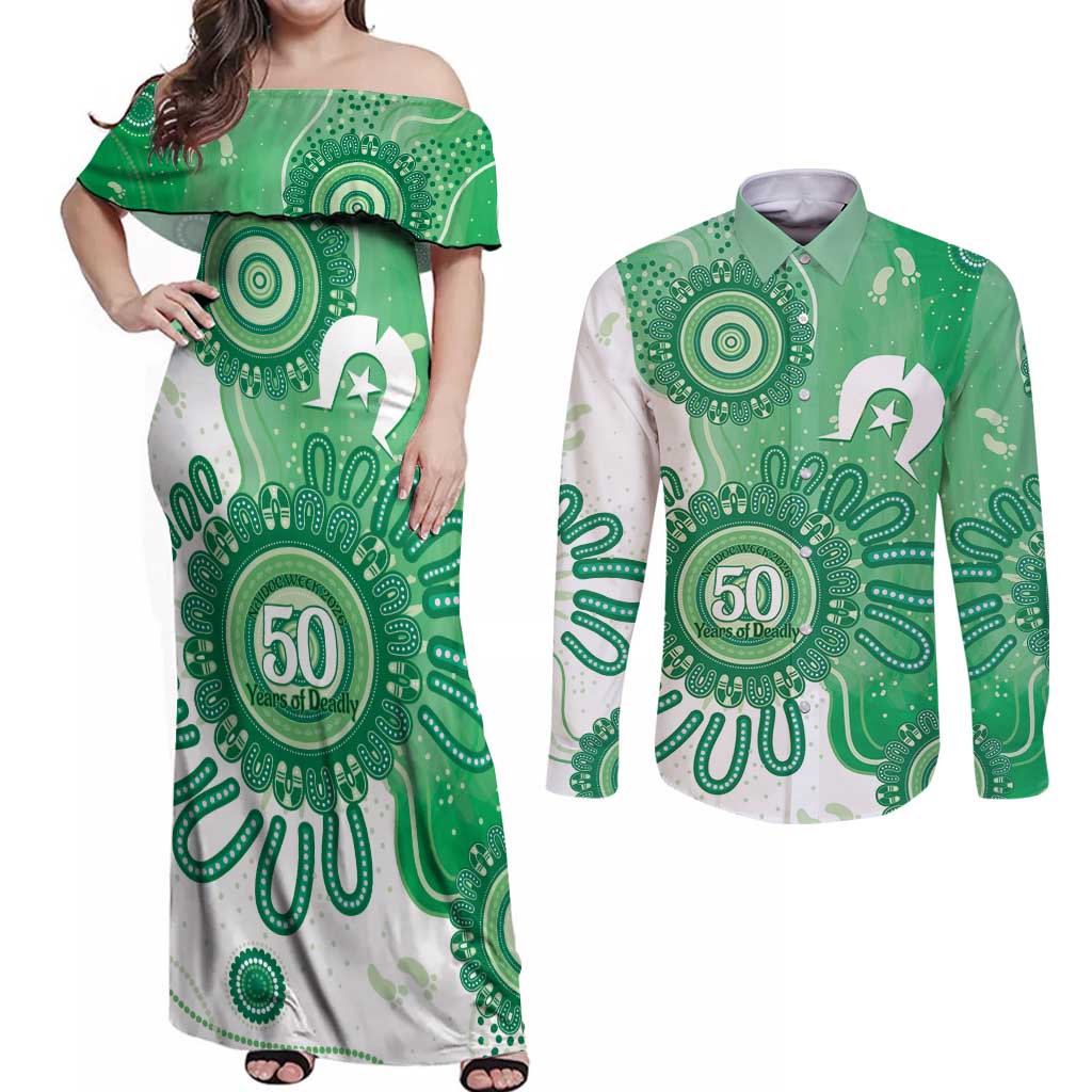 NAIDOC Week 2026 Couples Matching Off Shoulder Maxi Dress and Long Sleeve Button Shirt 50 Years Deadly Dhari Green Aboriginal Art