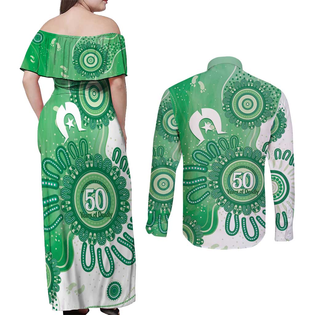 NAIDOC Week 2026 Couples Matching Off Shoulder Maxi Dress and Long Sleeve Button Shirt 50 Years Deadly Dhari Green Aboriginal Art