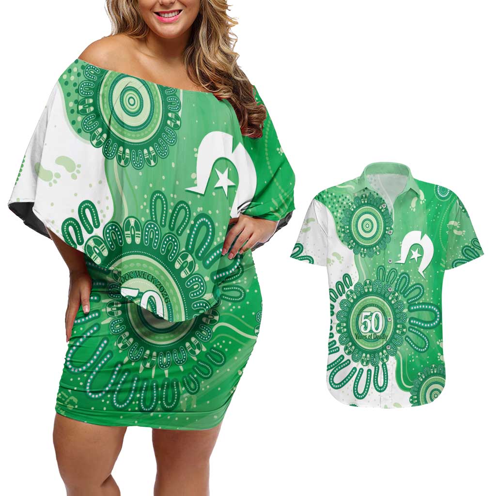 NAIDOC Week 2026 Couples Matching Off Shoulder Short Dress and Hawaiian Shirt 50 Years Deadly Dhari Green Aboriginal Art