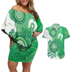NAIDOC Week 2026 Couples Matching Off Shoulder Short Dress and Hawaiian Shirt 50 Years Deadly Dhari Green Aboriginal Art