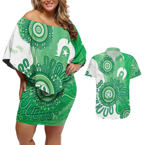 NAIDOC Week 2026 Couples Matching Off Shoulder Short Dress and Hawaiian Shirt 50 Years Deadly Dhari Green Aboriginal Art