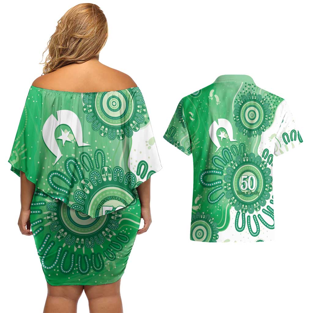 NAIDOC Week 2026 Couples Matching Off Shoulder Short Dress and Hawaiian Shirt 50 Years Deadly Dhari Green Aboriginal Art