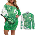 NAIDOC Week 2026 Couples Matching Off Shoulder Short Dress and Long Sleeve Button Shirt 50 Years Deadly Dhari Green Aboriginal Art