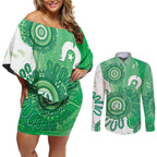 NAIDOC Week 2026 Couples Matching Off Shoulder Short Dress and Long Sleeve Button Shirt 50 Years Deadly Dhari Green Aboriginal Art