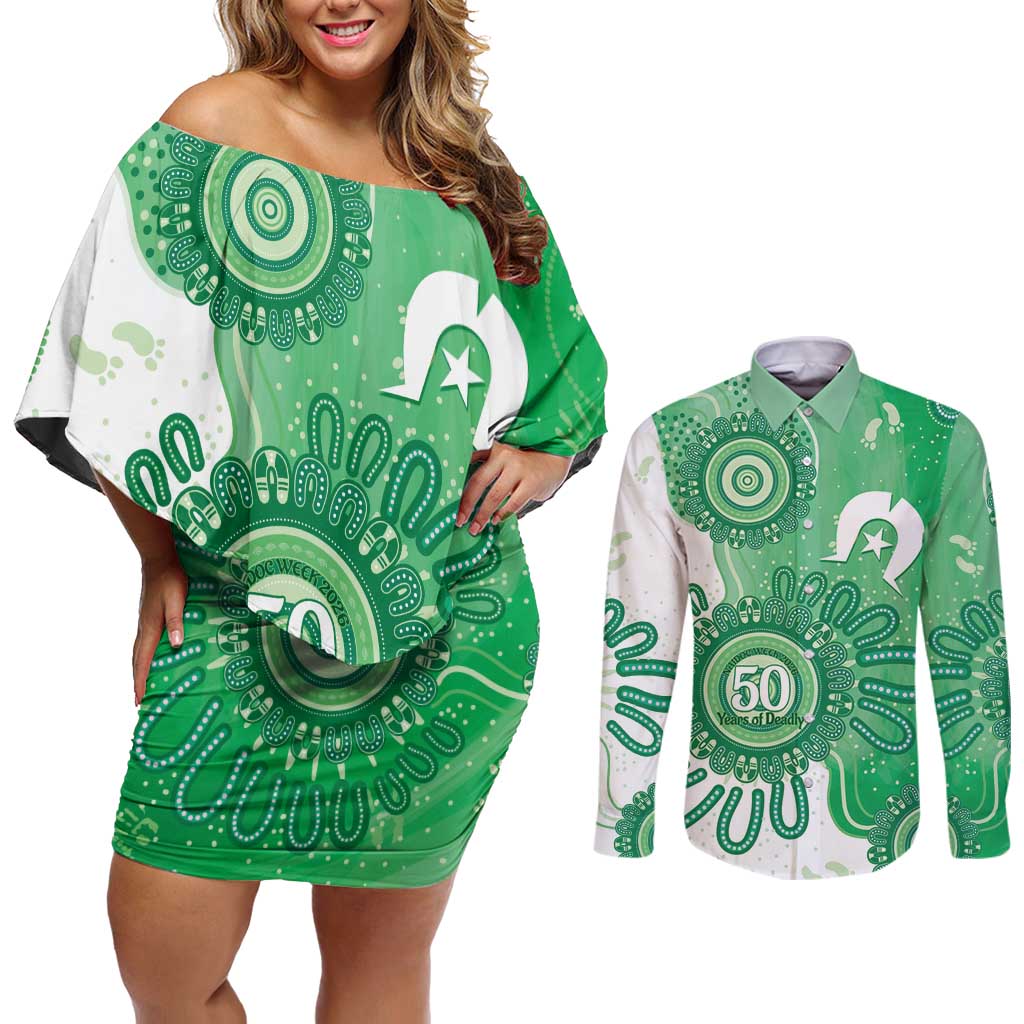 NAIDOC Week 2026 Couples Matching Off Shoulder Short Dress and Long Sleeve Button Shirt 50 Years Deadly Dhari Green Aboriginal Art