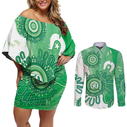 NAIDOC Week 2026 Couples Matching Off Shoulder Short Dress and Long Sleeve Button Shirt 50 Years Deadly Dhari Green Aboriginal Art