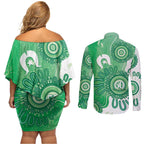 NAIDOC Week 2026 Couples Matching Off Shoulder Short Dress and Long Sleeve Button Shirt 50 Years Deadly Dhari Green Aboriginal Art