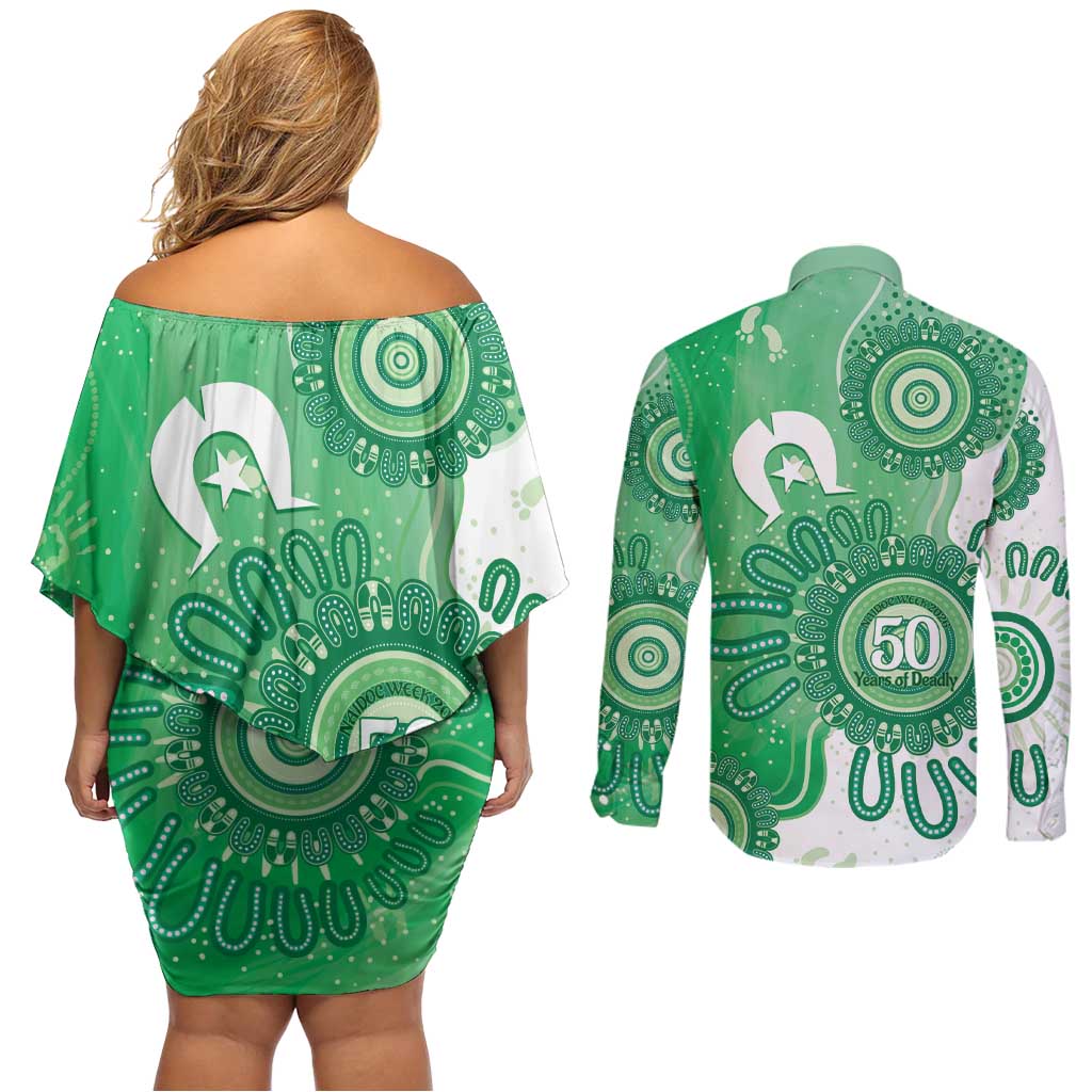 NAIDOC Week 2026 Couples Matching Off Shoulder Short Dress and Long Sleeve Button Shirt 50 Years Deadly Dhari Green Aboriginal Art