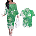 NAIDOC Week 2026 Couples Matching Off The Shoulder Long Sleeve Dress and Hawaiian Shirt 50 Years Deadly Dhari Green Aboriginal Art