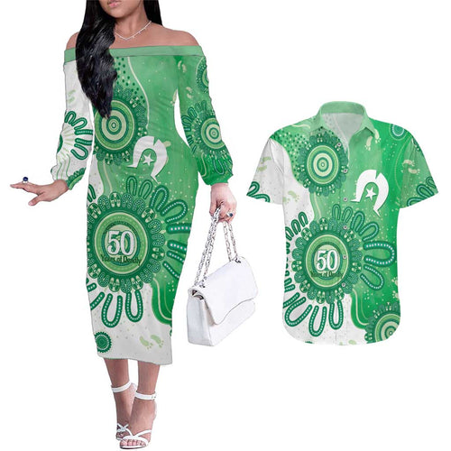 NAIDOC Week 2026 Couples Matching Off The Shoulder Long Sleeve Dress and Hawaiian Shirt 50 Years Deadly Dhari Green Aboriginal Art
