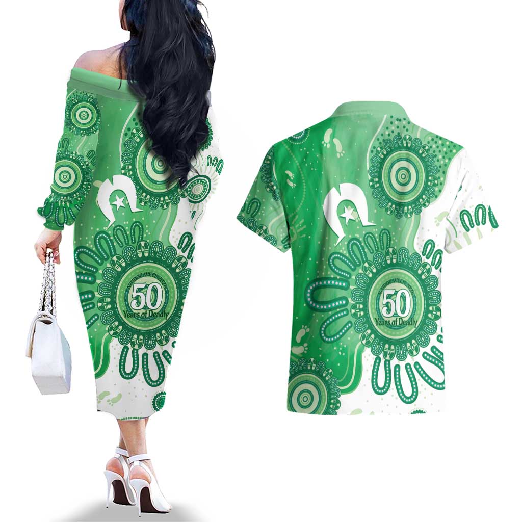 NAIDOC Week 2026 Couples Matching Off The Shoulder Long Sleeve Dress and Hawaiian Shirt 50 Years Deadly Dhari Green Aboriginal Art