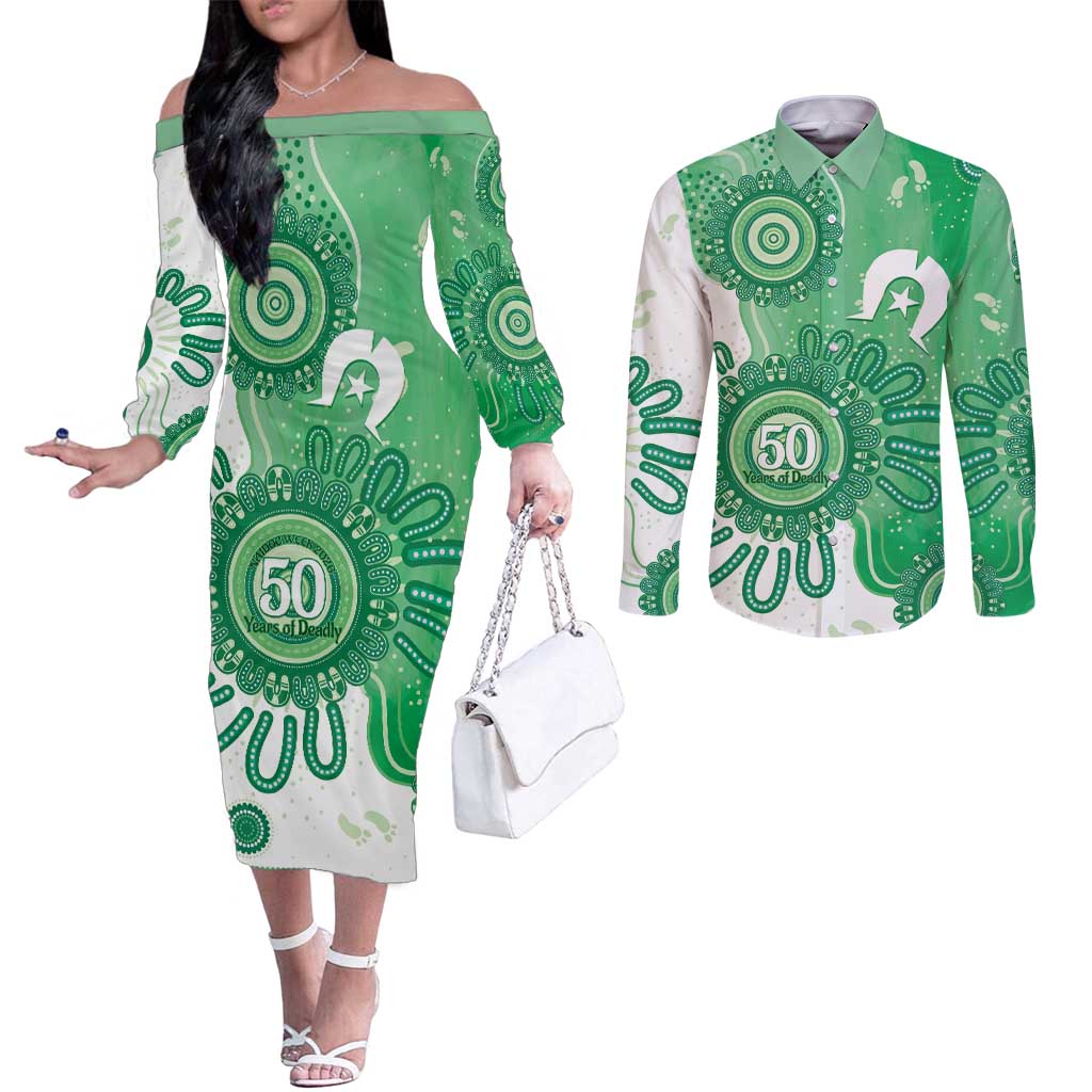 NAIDOC Week 2026 Couples Matching Off The Shoulder Long Sleeve Dress and Long Sleeve Button Shirt 50 Years Deadly Dhari Green Aboriginal Art