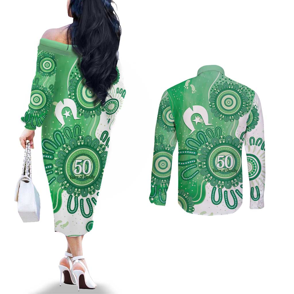 NAIDOC Week 2026 Couples Matching Off The Shoulder Long Sleeve Dress and Long Sleeve Button Shirt 50 Years Deadly Dhari Green Aboriginal Art