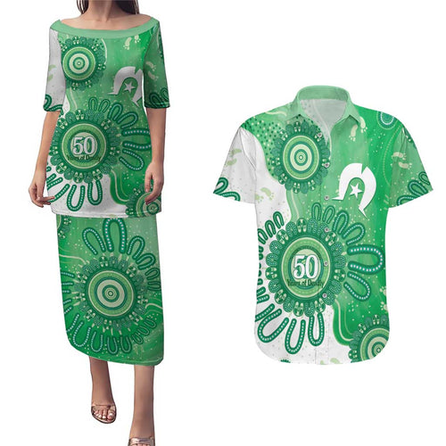 NAIDOC Week 2026 Couples Matching Puletasi and Hawaiian Shirt 50 Years Deadly Dhari Green Aboriginal Art