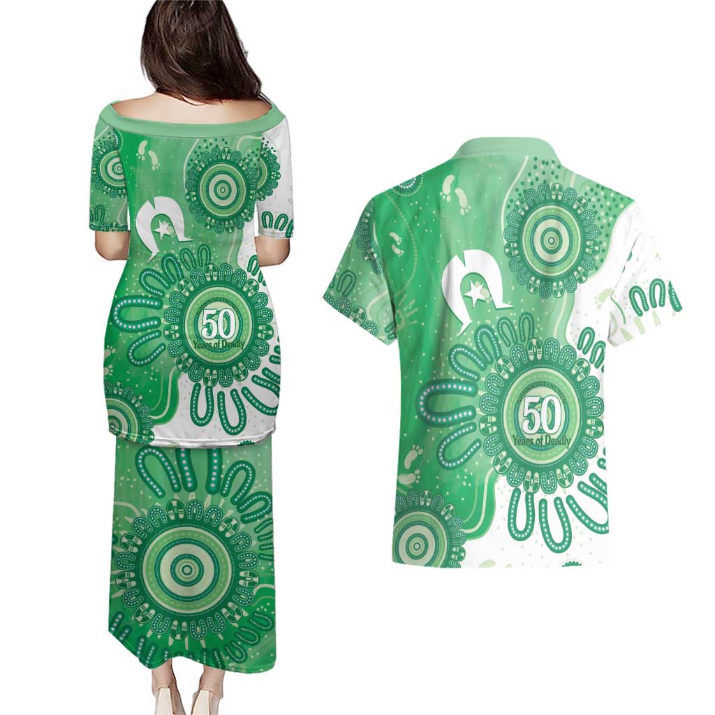 NAIDOC Week 2026 Couples Matching Puletasi and Hawaiian Shirt 50 Years Deadly Dhari Green Aboriginal Art