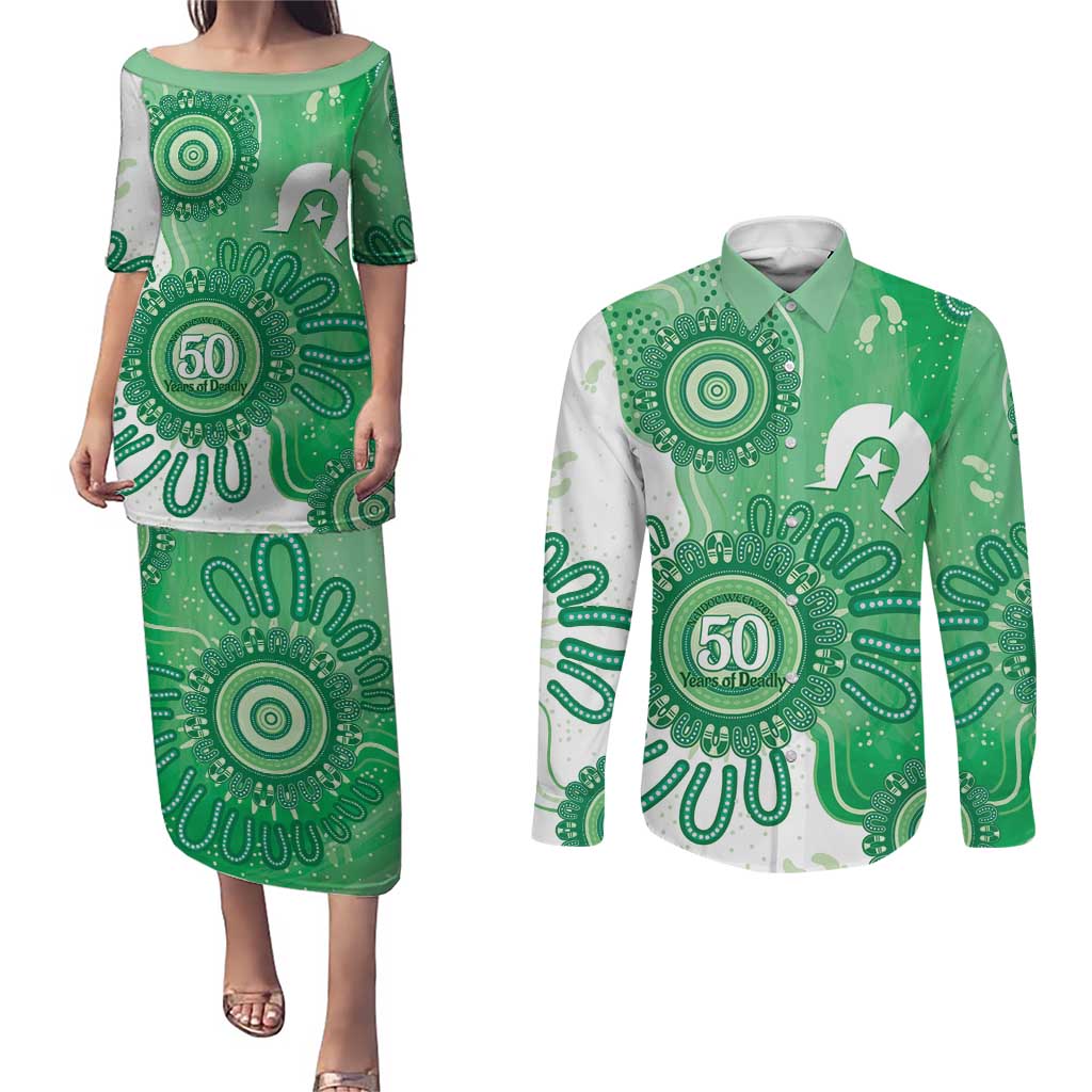 NAIDOC Week 2026 Couples Matching Puletasi and Long Sleeve Button Shirt 50 Years Deadly Dhari Green Aboriginal Art
