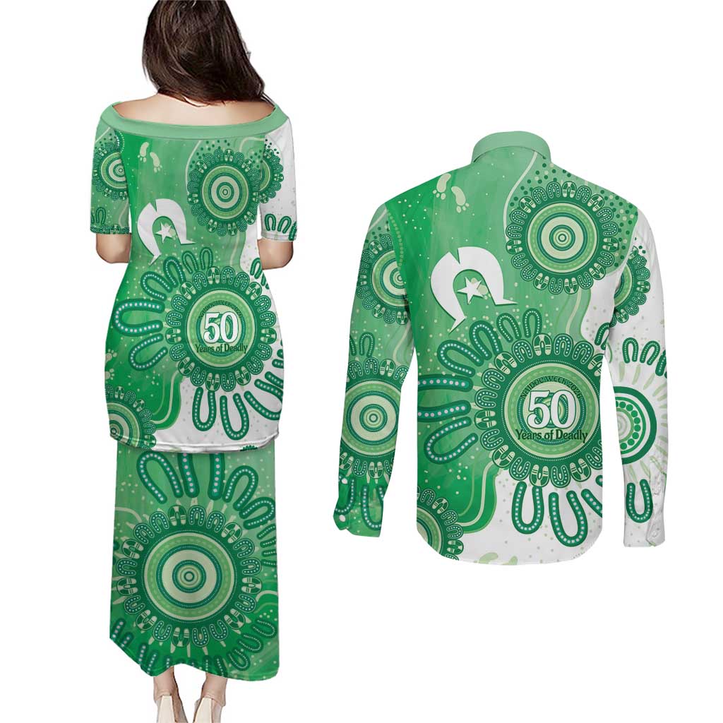 NAIDOC Week 2026 Couples Matching Puletasi and Long Sleeve Button Shirt 50 Years Deadly Dhari Green Aboriginal Art