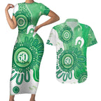 NAIDOC Week 2026 Couples Matching Short Sleeve Bodycon Dress and Hawaiian Shirt 50 Years Deadly Dhari Green Aboriginal Art