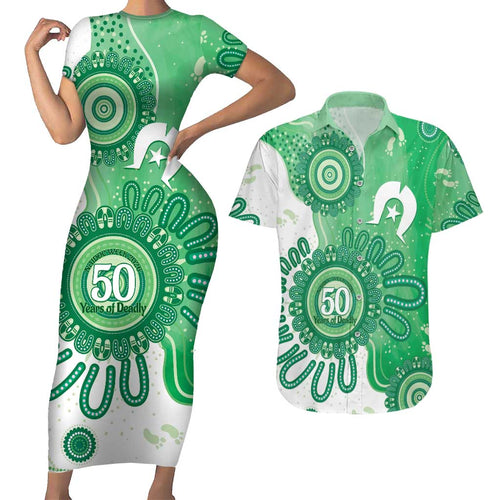 NAIDOC Week 2026 Couples Matching Short Sleeve Bodycon Dress and Hawaiian Shirt 50 Years Deadly Dhari Green Aboriginal Art