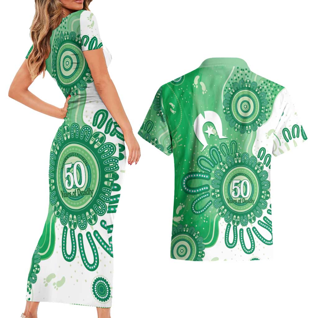 NAIDOC Week 2026 Couples Matching Short Sleeve Bodycon Dress and Hawaiian Shirt 50 Years Deadly Dhari Green Aboriginal Art