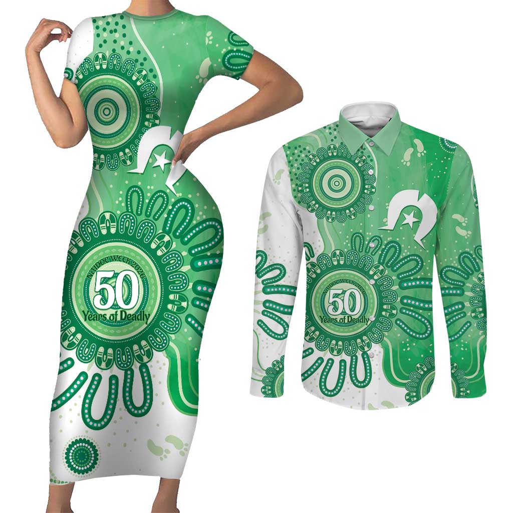 NAIDOC Week 2026 Couples Matching Short Sleeve Bodycon Dress and Long Sleeve Button Shirt 50 Years Deadly Dhari Green Aboriginal Art