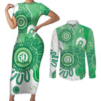 NAIDOC Week 2026 Couples Matching Short Sleeve Bodycon Dress and Long Sleeve Button Shirt 50 Years Deadly Dhari Green Aboriginal Art