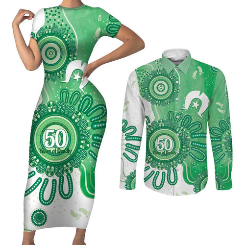 NAIDOC Week 2026 Couples Matching Short Sleeve Bodycon Dress and Long Sleeve Button Shirt 50 Years Deadly Dhari Green Aboriginal Art