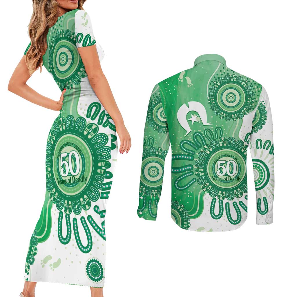 NAIDOC Week 2026 Couples Matching Short Sleeve Bodycon Dress and Long Sleeve Button Shirt 50 Years Deadly Dhari Green Aboriginal Art