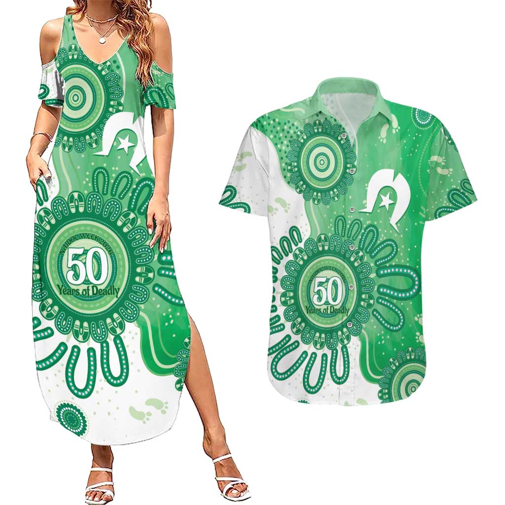 NAIDOC Week 2026 Couples Matching Summer Maxi Dress and Hawaiian Shirt 50 Years Deadly Dhari Green Aboriginal Art