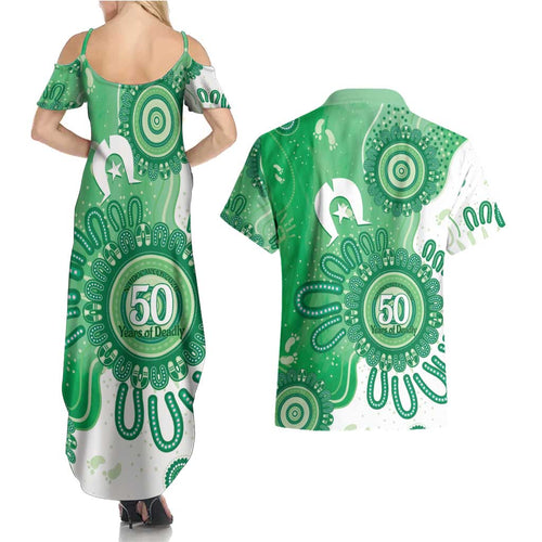 NAIDOC Week 2026 Couples Matching Summer Maxi Dress and Hawaiian Shirt 50 Years Deadly Dhari Green Aboriginal Art