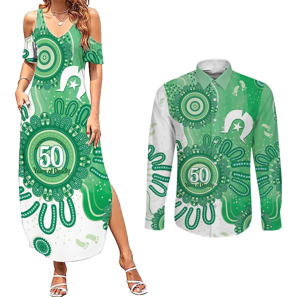 NAIDOC Week 2026 Couples Matching Summer Maxi Dress and Long Sleeve Button Shirt 50 Years Deadly Dhari Green Aboriginal Art