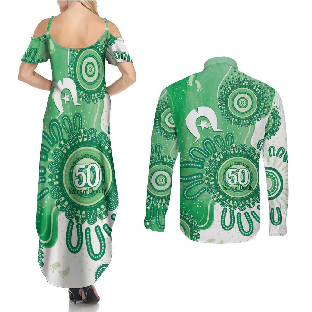 NAIDOC Week 2026 Couples Matching Summer Maxi Dress and Long Sleeve Button Shirt 50 Years Deadly Dhari Green Aboriginal Art