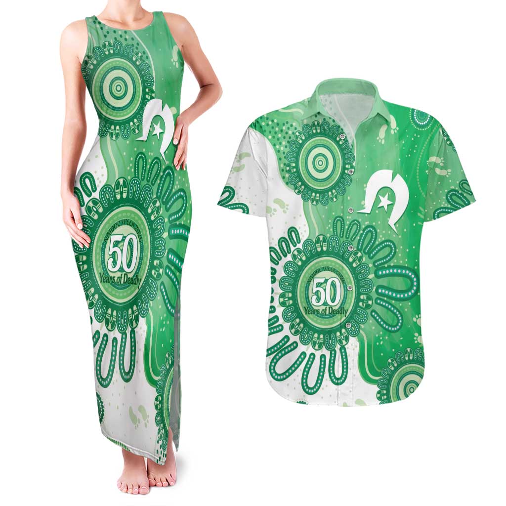 NAIDOC Week 2026 Couples Matching Tank Maxi Dress and Hawaiian Shirt 50 Years Deadly Dhari Green Aboriginal Art