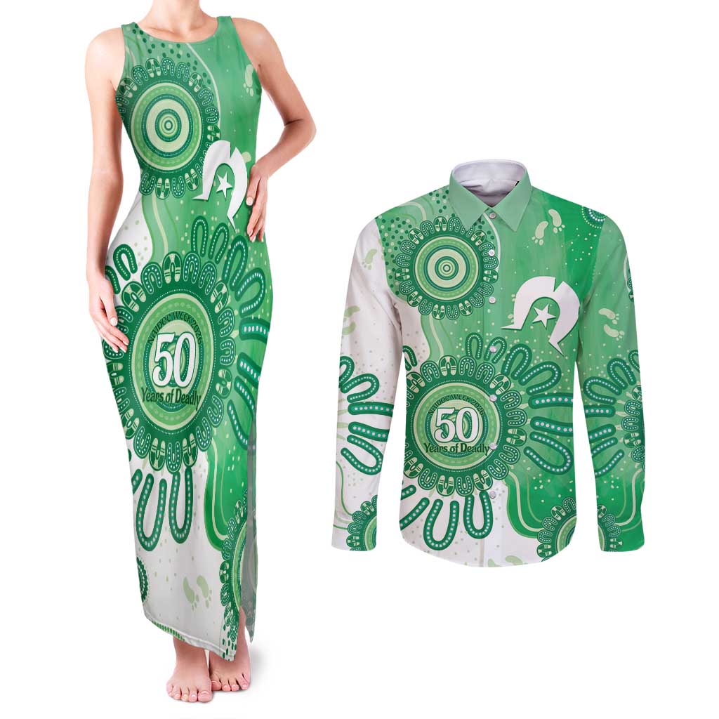 NAIDOC Week 2026 Couples Matching Tank Maxi Dress and Long Sleeve Button Shirt 50 Years Deadly Dhari Green Aboriginal Art