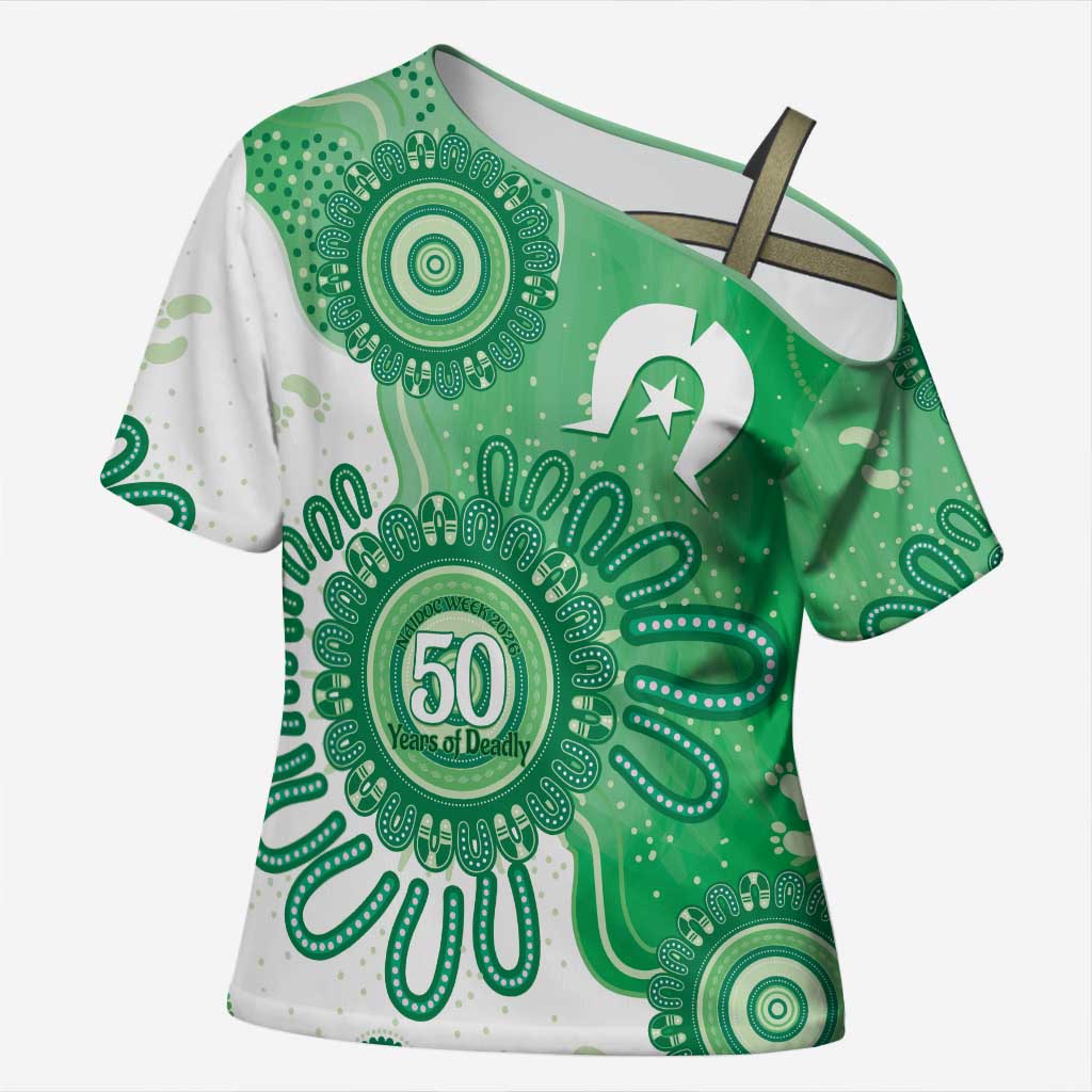 NAIDOC Week 2026 Cross Shoulder Shirt 50 Years Deadly Dhari Green Aboriginal Art