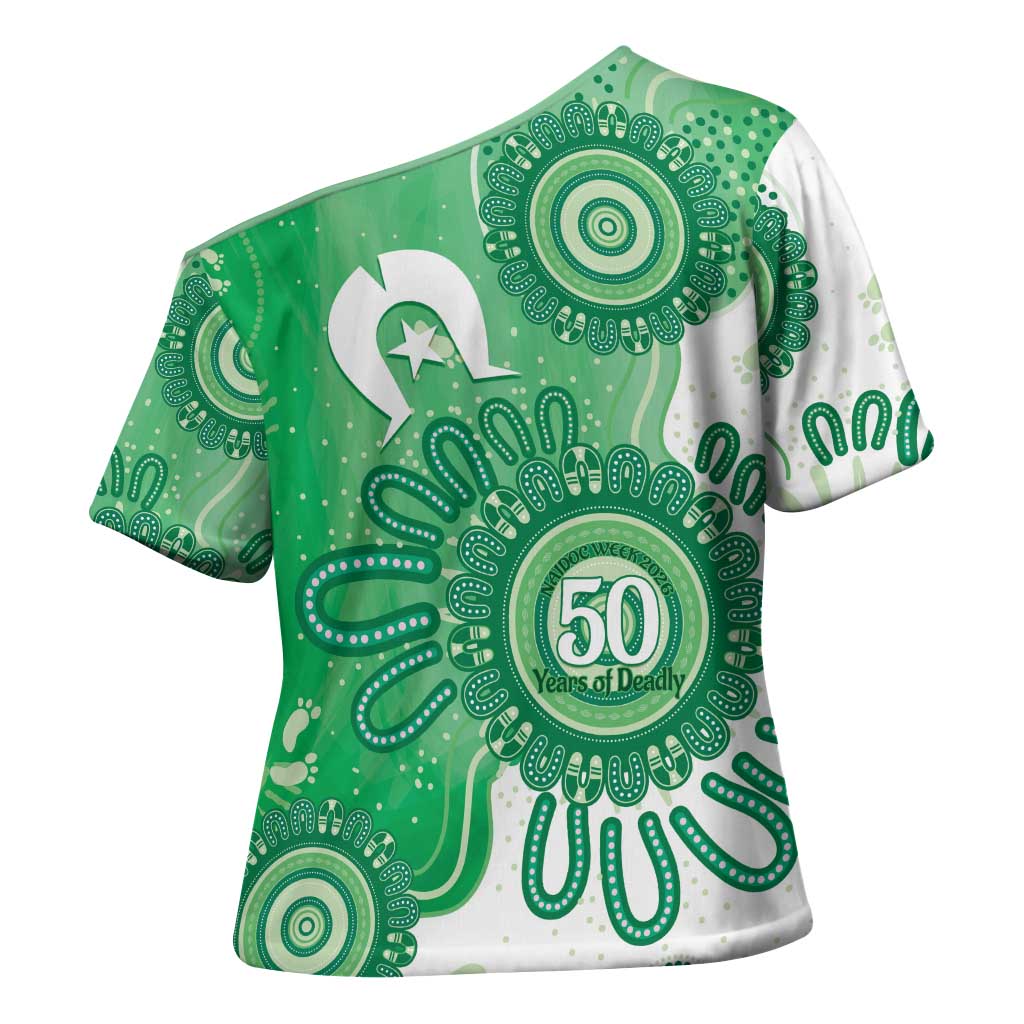 NAIDOC Week 2026 Cross Shoulder Shirt 50 Years Deadly Dhari Green Aboriginal Art