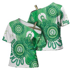 NAIDOC Week 2026 Cross Shoulder Shirt 50 Years Deadly Dhari Green Aboriginal Art