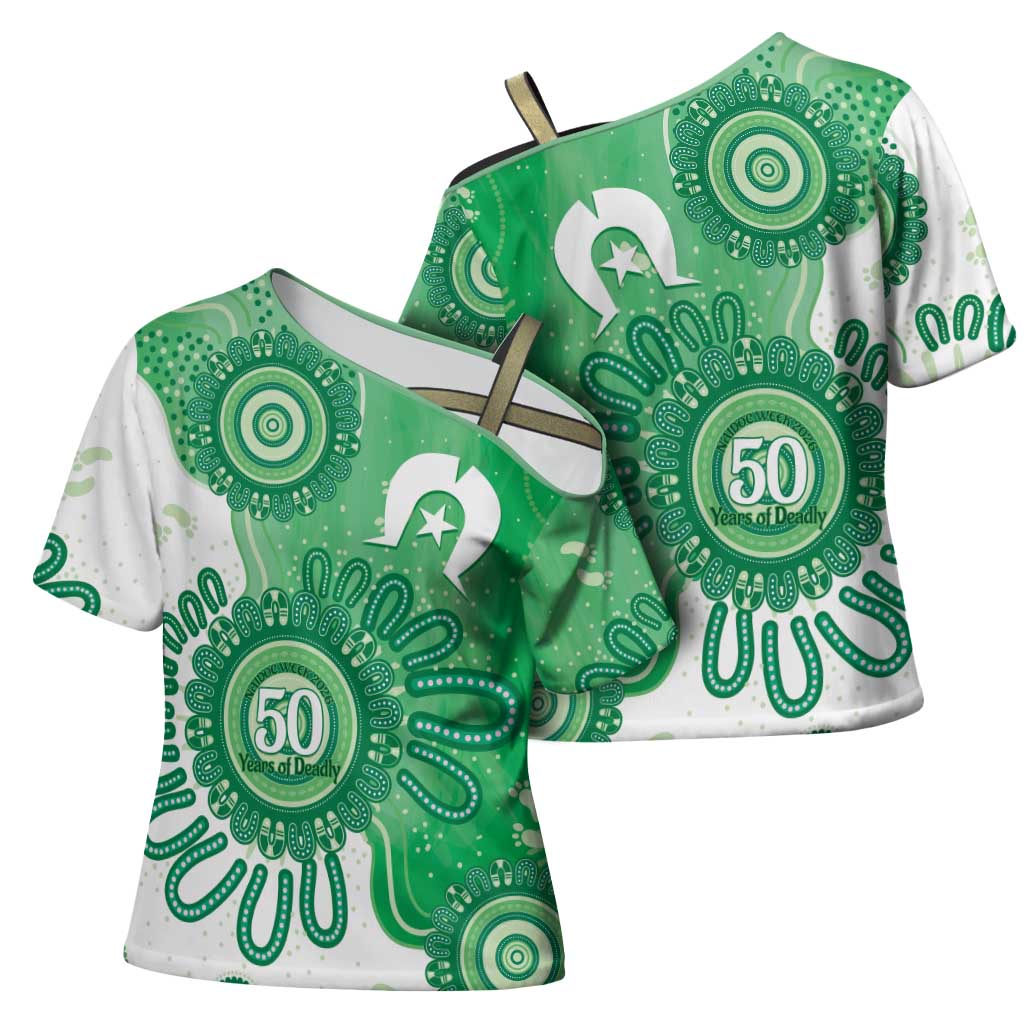 NAIDOC Week 2026 Cross Shoulder Shirt 50 Years Deadly Dhari Green Aboriginal Art