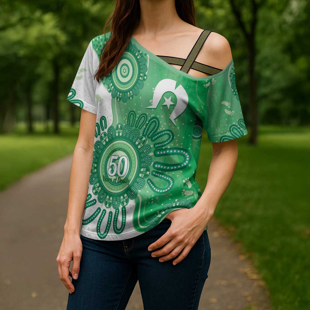 NAIDOC Week 2026 Cross Shoulder Shirt 50 Years Deadly Dhari Green Aboriginal Art