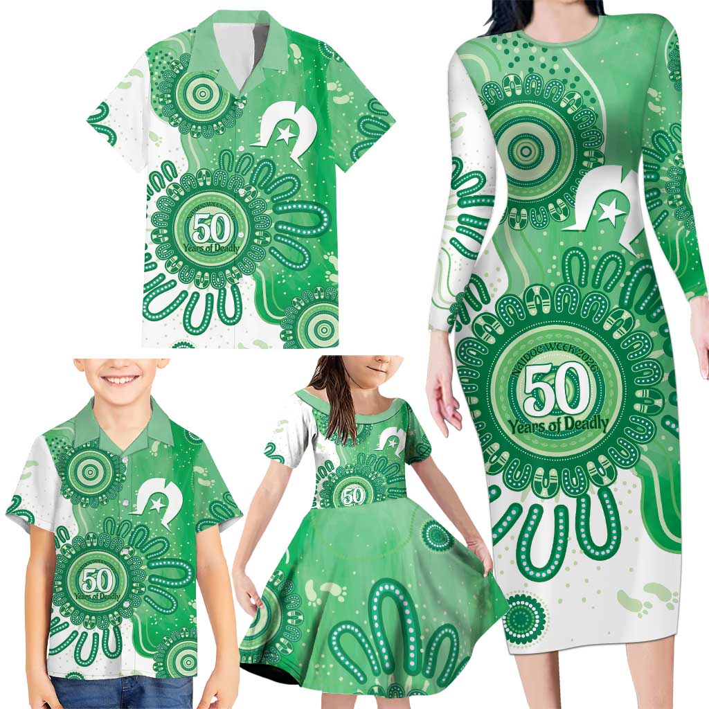 NAIDOC Week 2026 Family Matching Long Sleeve Bodycon Dress and Hawaiian Shirt 50 Years Deadly Dhari Green Aboriginal Art