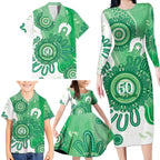 NAIDOC Week 2026 Family Matching Long Sleeve Bodycon Dress and Hawaiian Shirt 50 Years Deadly Dhari Green Aboriginal Art