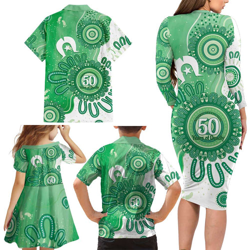 NAIDOC Week 2026 Family Matching Long Sleeve Bodycon Dress and Hawaiian Shirt 50 Years Deadly Dhari Green Aboriginal Art