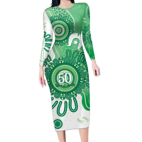 NAIDOC Week 2026 Family Matching Long Sleeve Bodycon Dress and Hawaiian Shirt 50 Years Deadly Dhari Green Aboriginal Art
