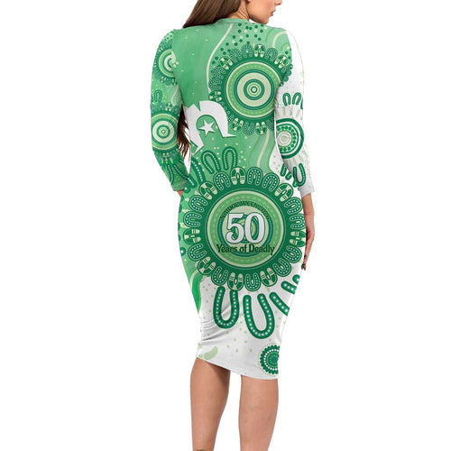 NAIDOC Week 2026 Family Matching Long Sleeve Bodycon Dress and Hawaiian Shirt 50 Years Deadly Dhari Green Aboriginal Art