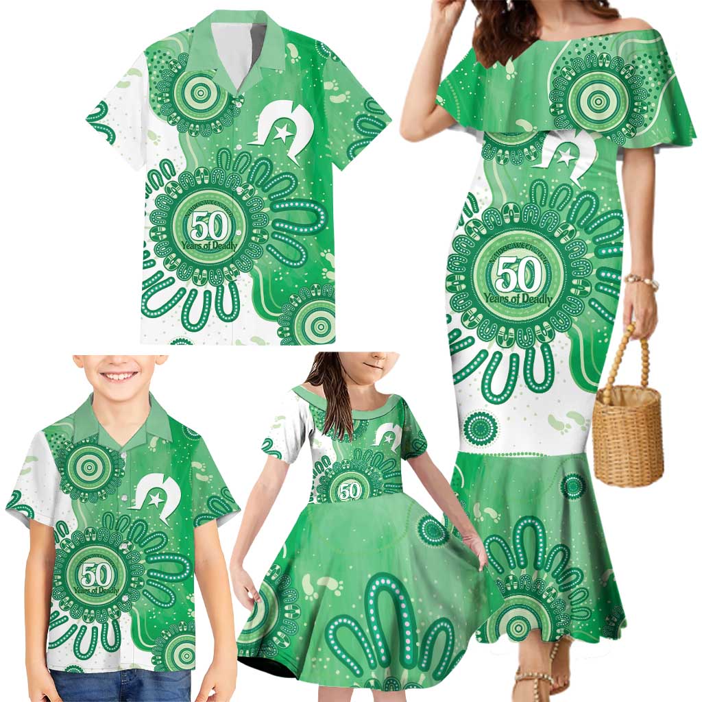 NAIDOC Week 2026 Family Matching Mermaid Dress and Hawaiian Shirt 50 Years Deadly Dhari Green Aboriginal Art